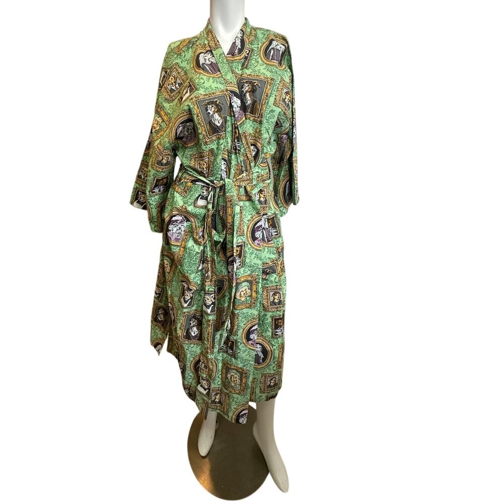 Printfresh Robe L/XL Organic Cotton Dog Print Kimono Green Belted Lounge - Picture 2 of 13